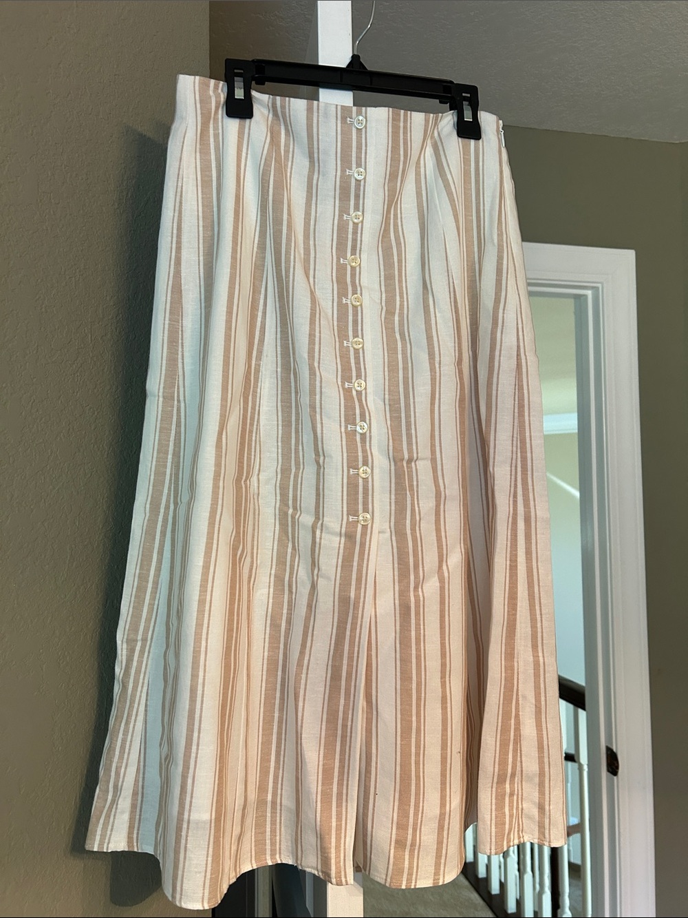 LOFT Cream and Tan Striped Button-Front A-Line Skirt
